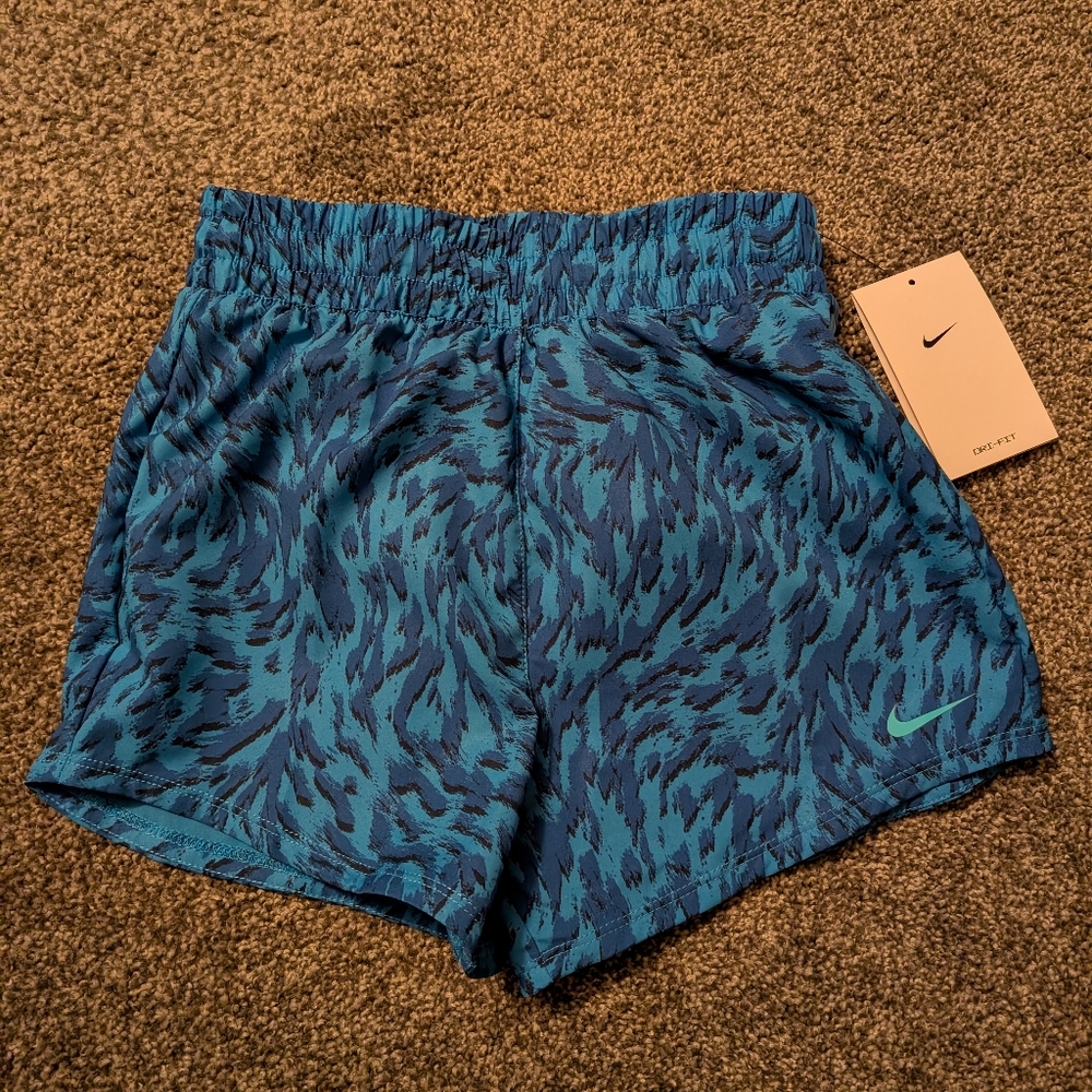 Nike Girls' One Woven High Rise Printed Shorts Blue Patterned Athletic Shorts
